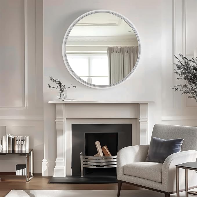 HOMECOOKIN Round Wood Mirror, 31" Round Bathroom Wall Mirror Circle Mirrors for Wall Decor, Vanity, Living Room, Bedroom, Entryway, White