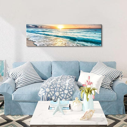 Sunrise Ocean Beach Canvas Wall Art Coastal Room Decor Nature Pictures for Wall Nautical Bathroom Living Room, Sea Waves Landscape Painting Tropical Seascape Poster Prints Artwork Decorations 14x48”