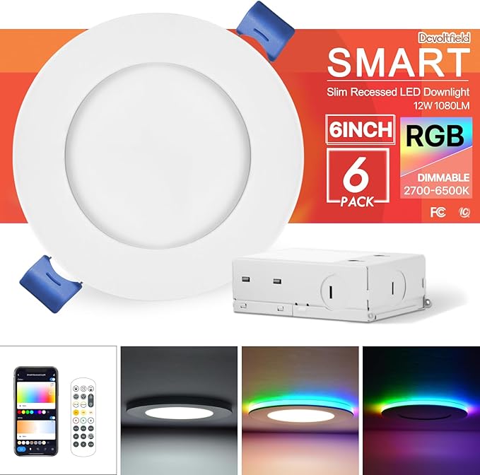 6Pack Smart RGB Recessed Light 6Inch,Ultra-Thin Canless LED Downlight,2.4GHz Wi-Fi Bluetooth Direct Connect,2700K-6500K,12W,2640lm,Work with App/Alexa/Google Assistant/Siri