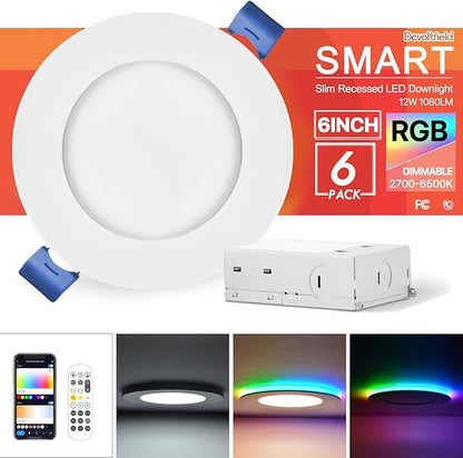 6Pack Smart RGB Recessed Light 6Inch,Ultra-Thin Canless LED Downlight,2.4GHz Wi-Fi Bluetooth Direct Connect,2700K-6500K,12W,2640lm,Work with App/Alexa/Google Assistant/Siri