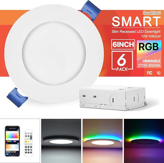 6Pack Smart RGB Recessed Light 6Inch,Ultra-Thin Canless LED Downlight,2.4GHz Wi-Fi Bluetooth Direct Connect,2700K-6500K,12W,2640lm,Work with App/Alexa/Google Assistant/Siri