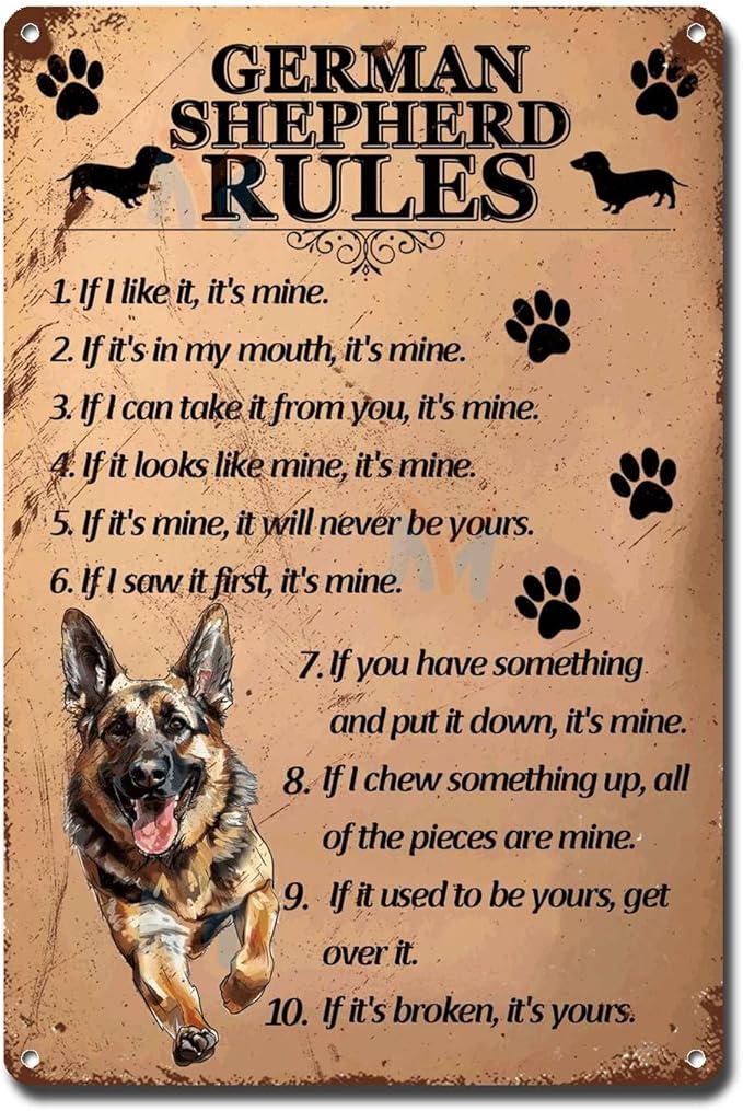 Metal Sign Tin Sign Vintage Wall Art German Shepherd Rules Funny Garden Signs for Pub 6×8 Inches