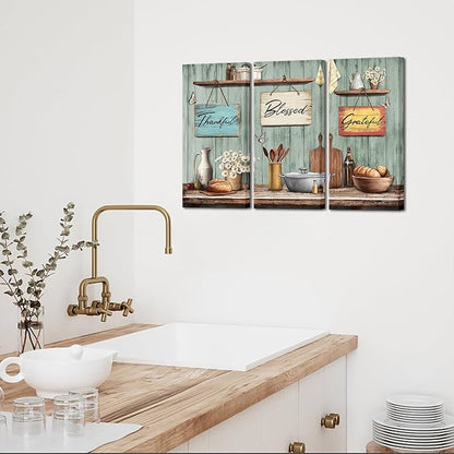 sechars Rustic Kitchen Wall Art Thankful Blessed Grateful Signs Decor Green Wood Background Rustic Fashouse Decor Set of 3