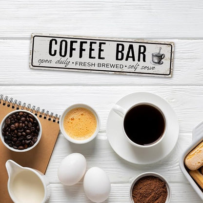 Coffee Bar Open Daily Sign, Retro Metal Tin Sign, Rustic Farmhouse Wall Decor, Coffee Bar Signs for Wall, Vintage Home Decor for Kitchen, Coffees Station Decors, Cafe Decors, 15.8x4 Inches