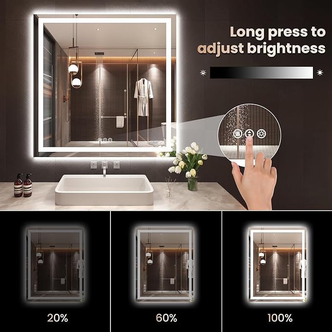 Snowdool 36"X36" LED Bathroom Mirror with Front Lights and Backlit, Anti-Fog, Dimmable, Shatter-Proof Tempered Glass, Lighted Bathroom Vanity Mirror for Wall with 3 Colors, Memory Function