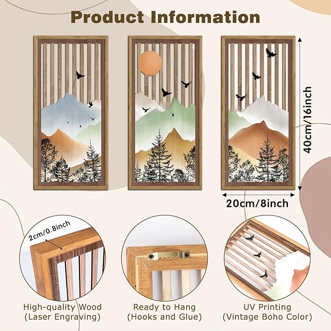 KAIRNE Mountain Landscape Wooden Wall Decor Set or 3(16”X8”) Framed,Boho Orange Wood Hanging Decor,Nature Bohemian Wall Art,Vintage Farmhouse Wooden Sign for Bedroom Living Room Office Decoration