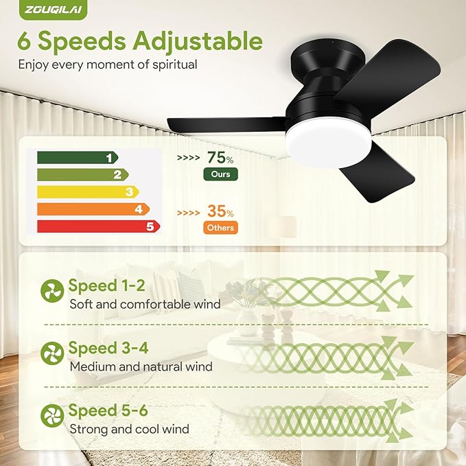 26" Black Ceiling Fans with Lights and Remote, Low Profile Ceiling Fan with Light, Reversible DC Motors, 3CCT Dimmable Timer Noiseless, Flush Mount Ceiling Fan for Bedroom/Living Room