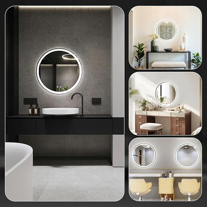 Sweetcrispy 36-Inch Round LED Bathroom Backlit Mirror with Lights, Circle Vanity Mirror with Anti-Fog, Dimmable, 3-Color Light, Memory Function, Tempered Glass
