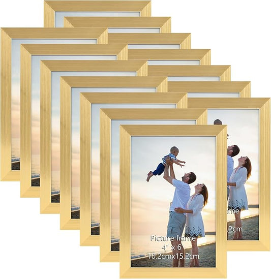 Hoikwo 14 Packs 4x6 Gold Multi Plastic Picture Frames Set with Plastic Cover for Family Photos, Artwork, Light Weight Bulk 4 by 6 Frames Pack for Wall Hanging and Table, Stylish Picture Frames