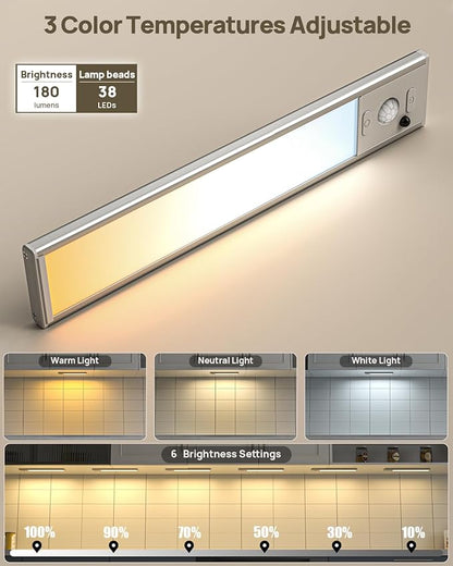 Under Cabinet Lights Wireless, Motion Sensor Light Indoor, Stick On Magnetic Closet Lights with Remote, 3 Color Temps & Dimmable, LED Rechargeable Under Counter Lights for Kitchen, Wardrobe, Stairs