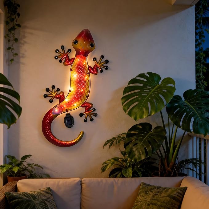 HONGLAND Solar Lizard Wall Decor-30 Inch 3D Gecko Metal Wall Art Outdoor Hanging Glass Sculpture, Yard Decorations Outdoor for Garden Fence