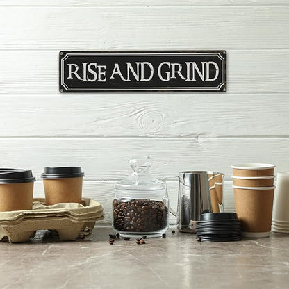 Coffee Decor Signs, Rise and Grind Sign, Retro Metal Tin Sign, Coffee Home Decor for Kitchen, Cafe Decoration, Coffees Station Decors, Decorative Metal Wall Signs 15.8x4 Inches