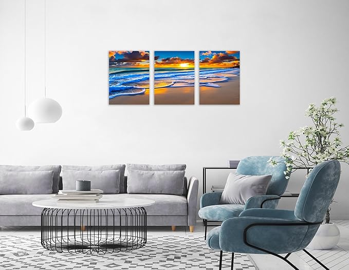 TutuBeer 3 Pcs Wall Decor Beach Ocean Pictures Sunrise over the Beach Pictures Print on Canvas Seascape Canvas Coastal Wall Art Ocean Wall Art Stretched and Framed 16" x32" x 3