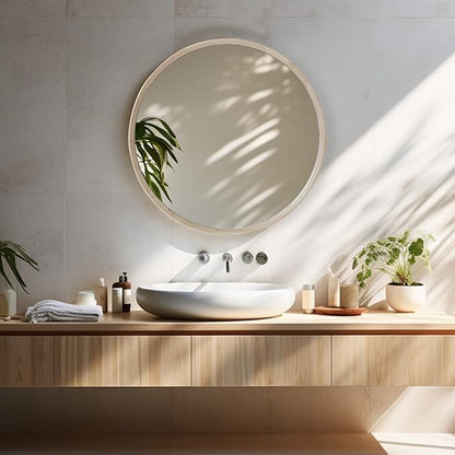 Natural Wood Round Mirror, 28 Inch - Large Wall Circle Mirror for Bathroom or Nursery Decor