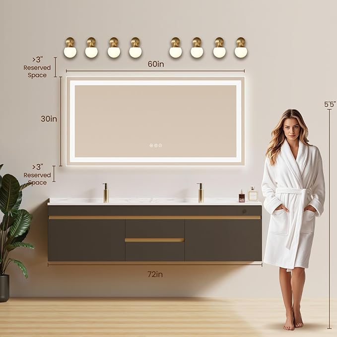 60X30 LED Bathroom Mirror with Lights, Anti-Fog, Backlit + Front Lit, Lighted Bathroom Vanity Mirror for Wall, Memory Function, Dimmable, Tempered Glass, Shatter-Proof