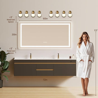 60X30 LED Bathroom Mirror with Lights, Anti-Fog, Backlit + Front Lit, Lighted Bathroom Vanity Mirror for Wall, Memory Function, Dimmable, Tempered Glass, Shatter-Proof