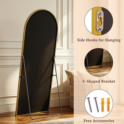 Suidia 76"x34" Arched Full Length Mirror with Stand, Full Body Mirror with Aluminum Frame, Freestanding/Leaning/Wall-Mounted, Floor Mirrors for Bedroom, Living Room, Entryway, Dressing Room, Gold