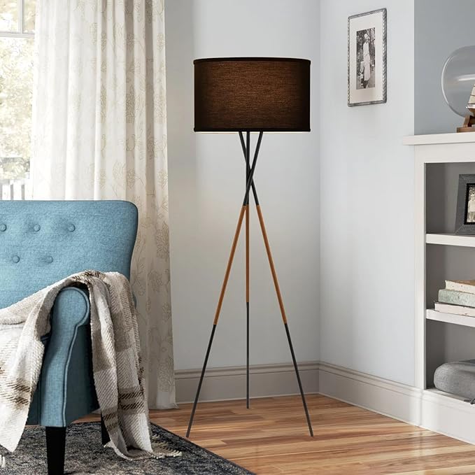 Kira Home Sadie 61" Modern Tripod Floor Lamp with Black Linen Drum Shade, Cross-Leg Standing Light with 9W LED Bulb and Leather Accent, Black Finish