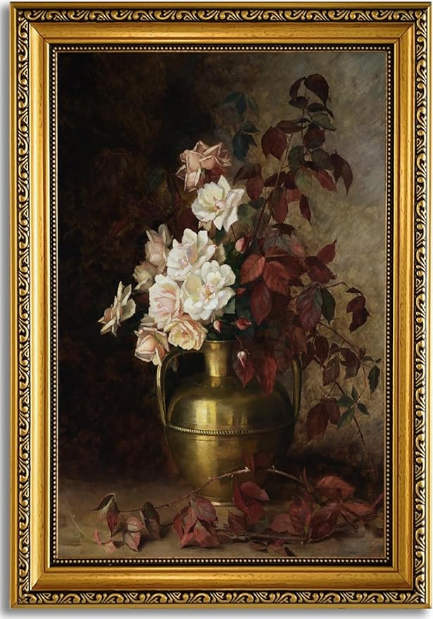YD&YZY Gold Framed Vintage Wall Art Canvas Rose Bouquet Flower Wall Decor Still Life Dark Moody Aesthetic Art Painting Picture Print Artwork for Living Room Bedroom Bathroom Office 16x24 inch Framed