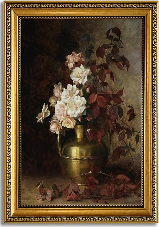 YD&YZY Gold Framed Vintage Wall Art Canvas Rose Bouquet Flower Wall Decor Still Life Dark Moody Aesthetic Art Painting Picture Print Artwork for Living Room Bedroom Bathroom Office 16x24 inch Framed