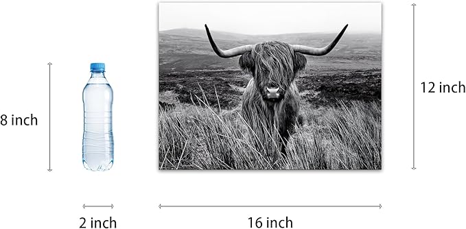 Highland Cow Wall Art Black and White Animal Wall Decor Canvas Cow Picture Highland Cow Prints Paintings Framed for Living Room Bathroom (12x16 inch)