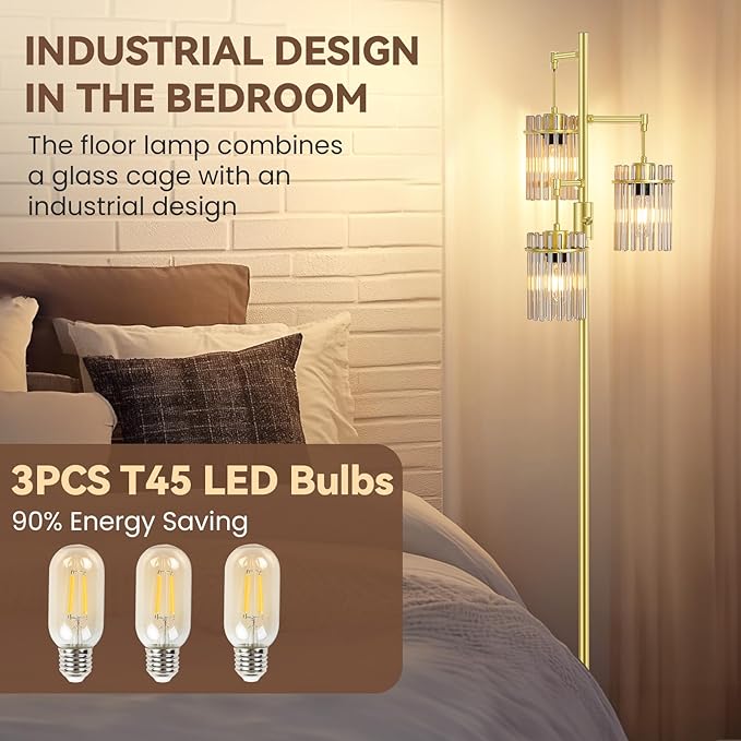 Farmhouse Glod Modern Floor Lamps for Living Room, Dimmable Glass Tree Standing Tall Lamps with 3 Elegant Teardrop Cage Head & 800 Lumens LED Bulbs for Bedroom Office (65inch Tall)