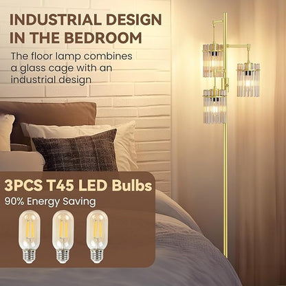 Farmhouse Glod Modern Floor Lamps for Living Room, Dimmable Glass Tree Standing Tall Lamps with 3 Elegant Teardrop Cage Head & 800 Lumens LED Bulbs for Bedroom Office (65inch Tall)