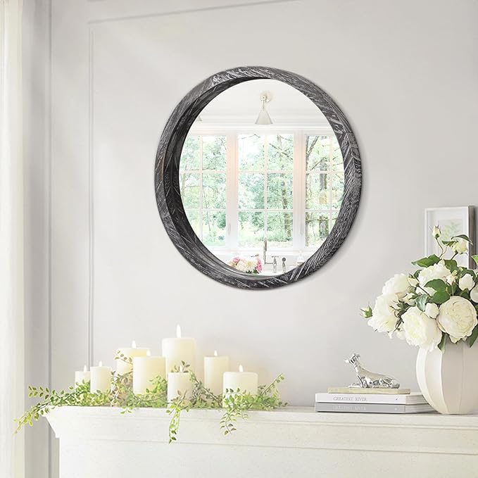 JJUUYOU Circular Wall Mirror Round Mirror for Bathroom Small Circle Wall Mounted Mirror for Decor Wood Framed Make up Mirror for Farmhouse Living Room Bedroom 16Inch