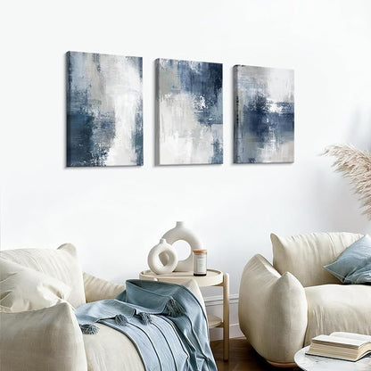 WENGTIAO 3 Pcs Navy Blue Abstract Canvas Wall Art Prints Modern Minimalist Blue Gray Artwork for Walls Framed White Neutral Poster Paintings Decor for Living Room Bedroom Bathroom Office 20x28x3Pcs