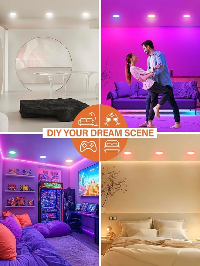 12Pack Smart LED RGB Recessed Lighting 4Inch,Color Changing Canless Downlight,2700K-6500K, 2.4GHz Wi-Fi & Bluetooth,9W 2640lm,Works with Tuya App,Alexa & Google Assistant,Gateway Included