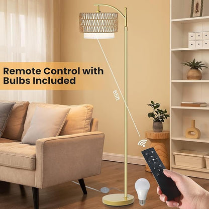 Yusist Arc Floor Lamp for Living Room,Gold Floor Lamps with Remote Control & Dimmable Bulb,Rattan Boho Tall Standing Lamp for Bedroom Office