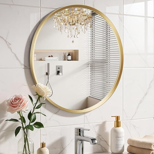 Brushed Gold Large Round Bathroom Mirror for Wall, 40 inch Large Gold Circle Mirror for Wall, New Frame Design, Tempered Glass,Wall Mounted Circle Mirror for Vanity, Entryway, Bedroom