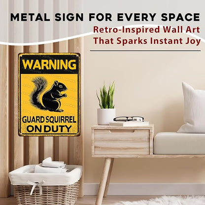 Squirrel Vintage Sign Warning Guard Squirrel on Duty Metal Sign for Home Bedrooms Kitchen Bars Pubs Garages Gardens Patios Porches 12x16inch
