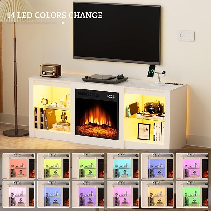 Kucreiheat 58 inch TV Stand with Fireplace-Entertainment Center with LED & Outlet for 65 inch TV-White Media Console with Adjustable Glass Shelves, Modern TV Table for Living Room/Bedroom