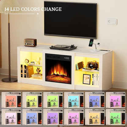 Kucreiheat 58 inch TV Stand with Fireplace-Entertainment Center with LED & Outlet for 65 inch TV-White Media Console with Adjustable Glass Shelves, Modern TV Table for Living Room/Bedroom