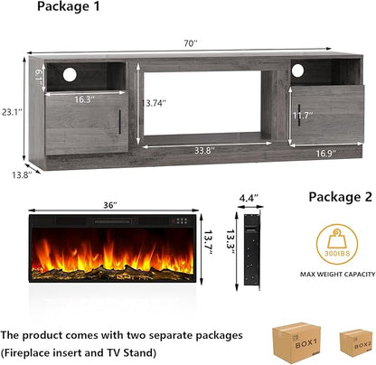 Tavata Fireplace TV Stand Entertainment Center with 36" Fireplace, 70" Wooden TV Console for TVs Up to 80", Modern TV Stands for Living Room with High Gloss Storage Cabinet and LED Lights (Grey)