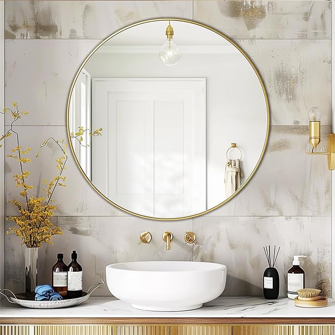 Gold Round Mirror 16 inch, Gold Circle Mirror, Round Bathroom Mirror, Wall Mirrors for Living Room, Bathroom, Hallway.