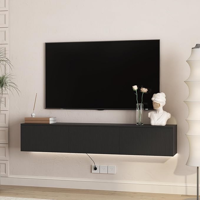 KEIKI 65" Floating TV Stand Wall Mounted with 16 Color LEDs & Power Outlets for TVs Up to 70 Inch, Wooden Media Console Entertainment Center Television Table Cabinet for Living Room, Bedroom