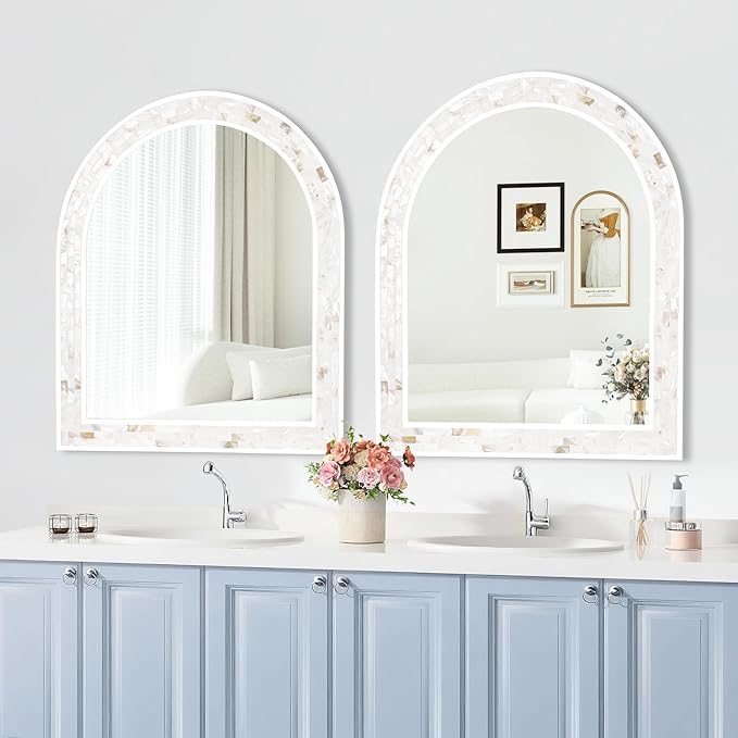 Tanmicoshomy White Arched Bathroom Mirror 30x36 Inch, Mosaic Design Natural Shell Inlay Bathroom Mirror with Tempered Glass for Bathroom Living Room Bedroom or Entryway