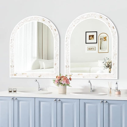 Tanmicoshomy White Arched Bathroom Mirror 30x36 Inch, Mosaic Design Natural Shell Inlay Bathroom Mirror with Tempered Glass for Bathroom Living Room Bedroom or Entryway
