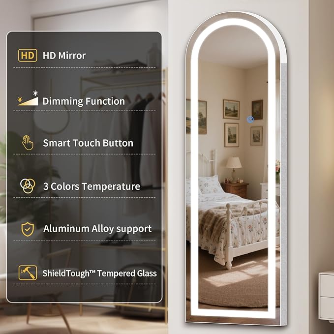 Arch Full Length Standing Mirror with LED Lights, 63"x20" Lighted Mirror with Dimming & 3 Color Lighting, Tall Mirror Full Body for Bedroom, Dressing Room