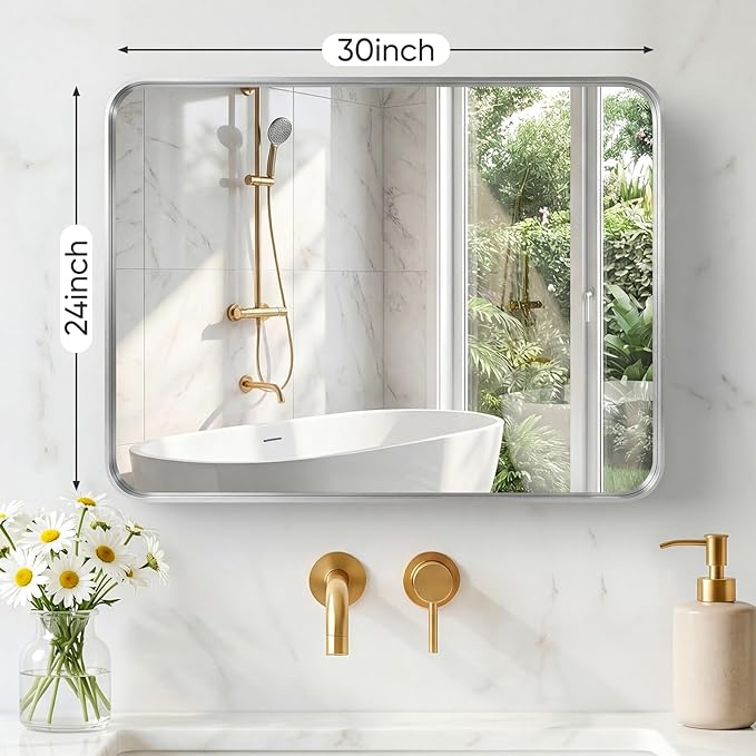 NEWBULIG 24X30 Inch Bathroom Mirror for Over Sink, Wall Vanity Mirrors Tempered Glass, Anti-Rust Metal Framed Rounded Rectangle, Hangs Horizontally or Vertically, Farmhouse Home Decor, Silvery