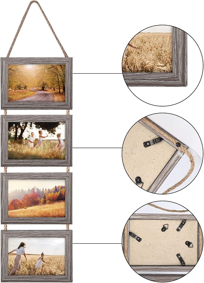 Lavezee 4x6 Hanging Collage Picture Frame Set, Rustic 8 Opening Horizontal Frames Display 4 by 6 Photos Prints for Wall Decor