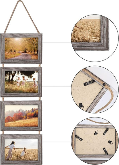 Lavezee 4x6 Hanging Collage Picture Frame Set, Rustic 8 Opening Horizontal Frames Display 4 by 6 Photos Prints for Wall Decor