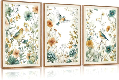 CHDITB Framed Rustic Birds Wildflowers Wall Art Set, 3 Pieces Vintage Chinoiserie Birds on Floral Branch Botanical Canvas Artwork, Large Boho Neutral Nature Watercolor Cottagecore Country Painting Decor for Bedroom Office(16"L x 24"W)