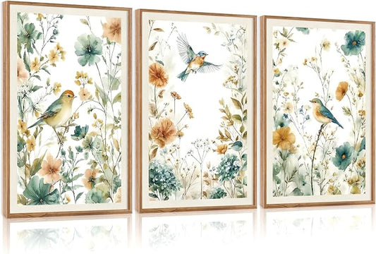 CHDITB Framed Rustic Birds Wildflowers Wall Art Set, 3 Pieces Vintage Chinoiserie Birds on Floral Branch Botanical Canvas Artwork, Large Boho Neutral Nature Watercolor Cottagecore Country Painting Decor for Bedroom Office(16"L x 24"W)