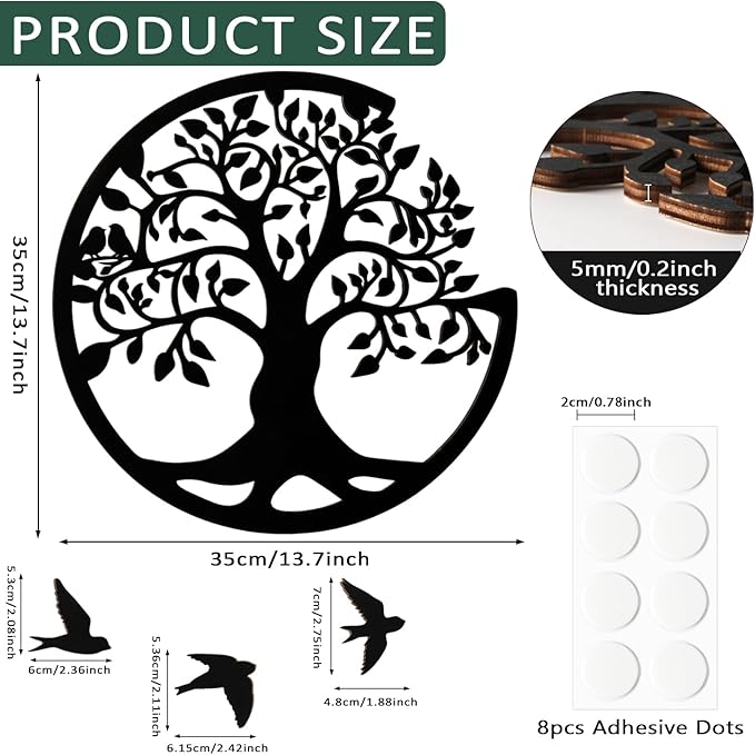 Tree of Life Wall Art Wooden Tree Life Wall Decor with Three Birds 12 Inch Round Family Tree Life Wall Hanging Plaque for Bedroom Living Room Kitchen Office Farmhouse Decor Indoor Outdoor (Round Tree of Life - Black)