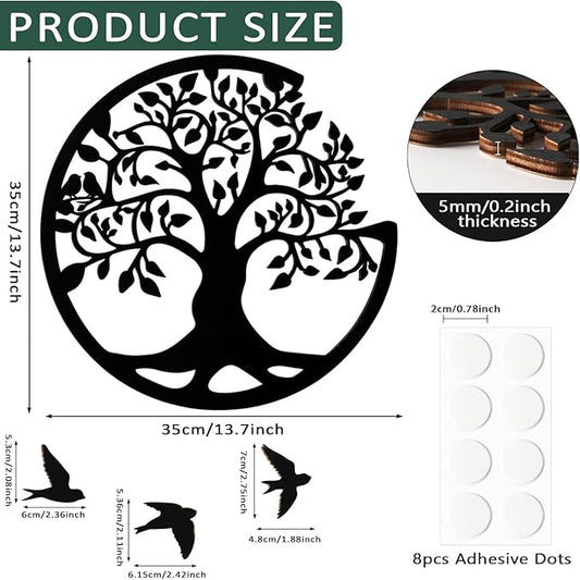 Tree of Life Wall Art Wooden Tree Life Wall Decor with Three Birds 12 Inch Round Family Tree Life Wall Hanging Plaque for Bedroom Living Room Kitchen Office Farmhouse Decor Indoor Outdoor (Round Tree of Life - Black)
