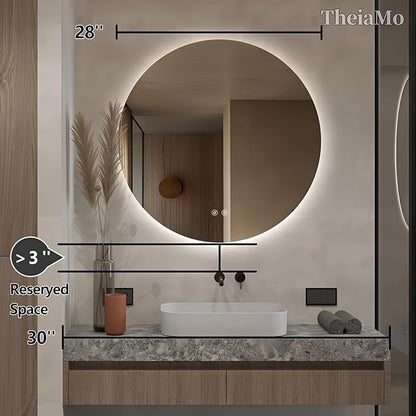 Round LED Mirror for Bathroom, 28" Circle Frameless Backlit Mirror with Lights, Wall Mounted Vanity Mirror, 3 Colors, Dimmable, Anti-Fog, IP65 Waterproof, Memory Function, UL Listed