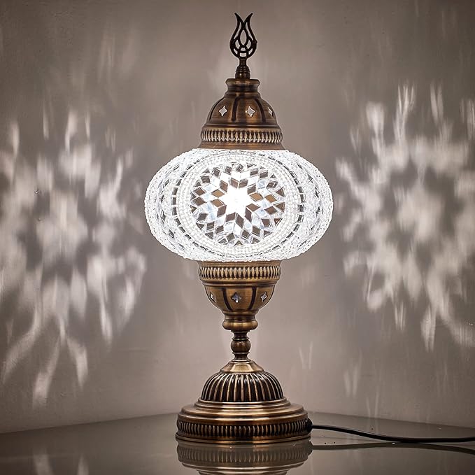 DEMMEX – 7" Large Globe Turkish Moroccan Mosaic Table Lamp, Handcrafted Tiffany-Style Colorful Glass Bedside, Desk & Table Light, Artisan Decor for Living Room or Bedroom, 14" H (White&Clear)